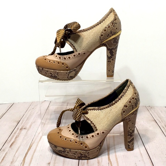Poetic Licence Foolproof Oxford tan heel platform sexy bow retro sz 6 - Picture 5 of 14